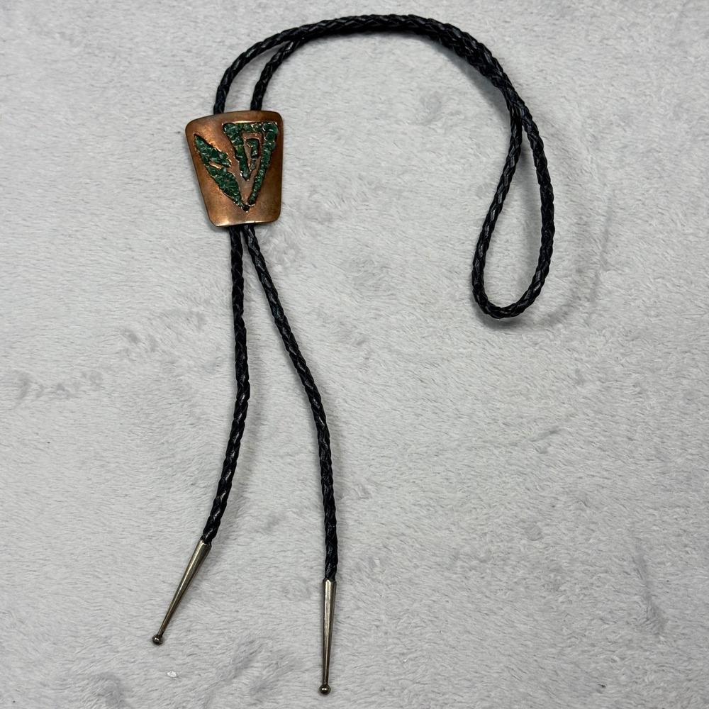 Vintage Bolo Tie Black Copper Sterling Green Stone Inlay Western